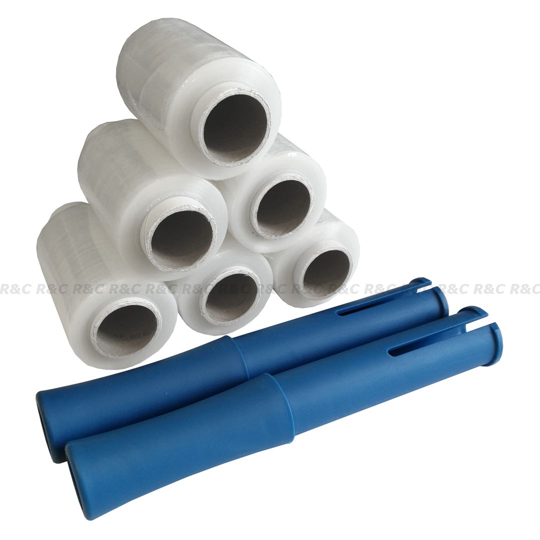 (6 ROLLS) Mini Shrink Wrap With 2x Dispenser Handles 100mm x 150m Cling